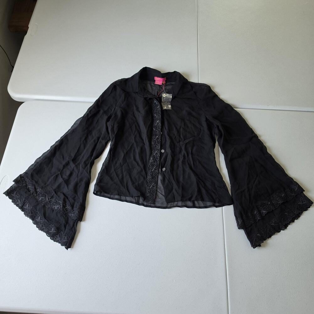 Y2K Whimsigoth Fairy Grunge Witch Top Medium Black Silk Sheer Bell Sleeve